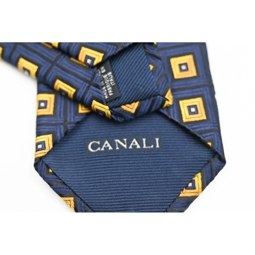 Canali Mens Silk Tie Navy Blue Gold Geometric Square Pattern Made in Italy